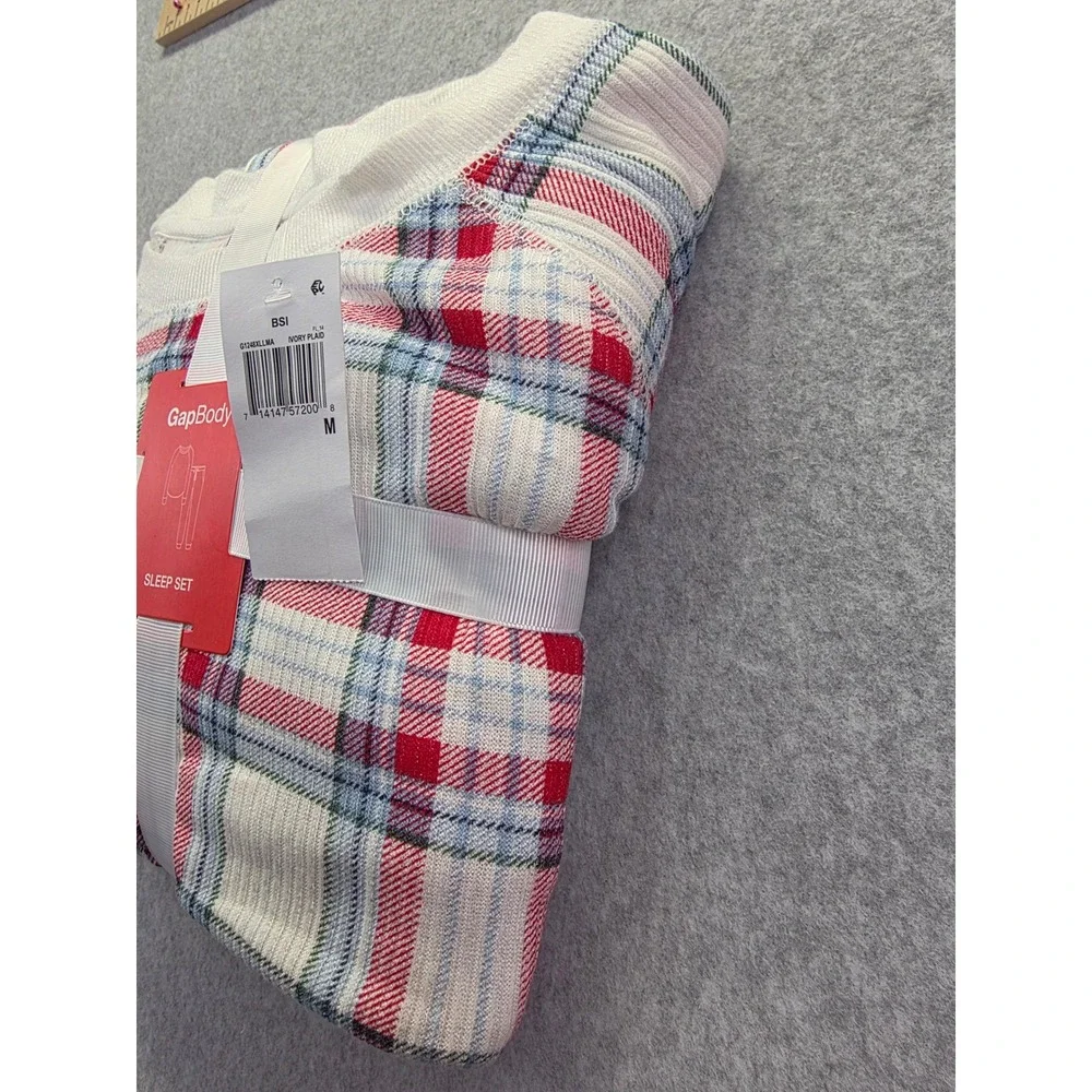 GapBody Womens Ivory Plaid Waffle Knit Thermal Pajama Sleep Set‎ Medium NEW